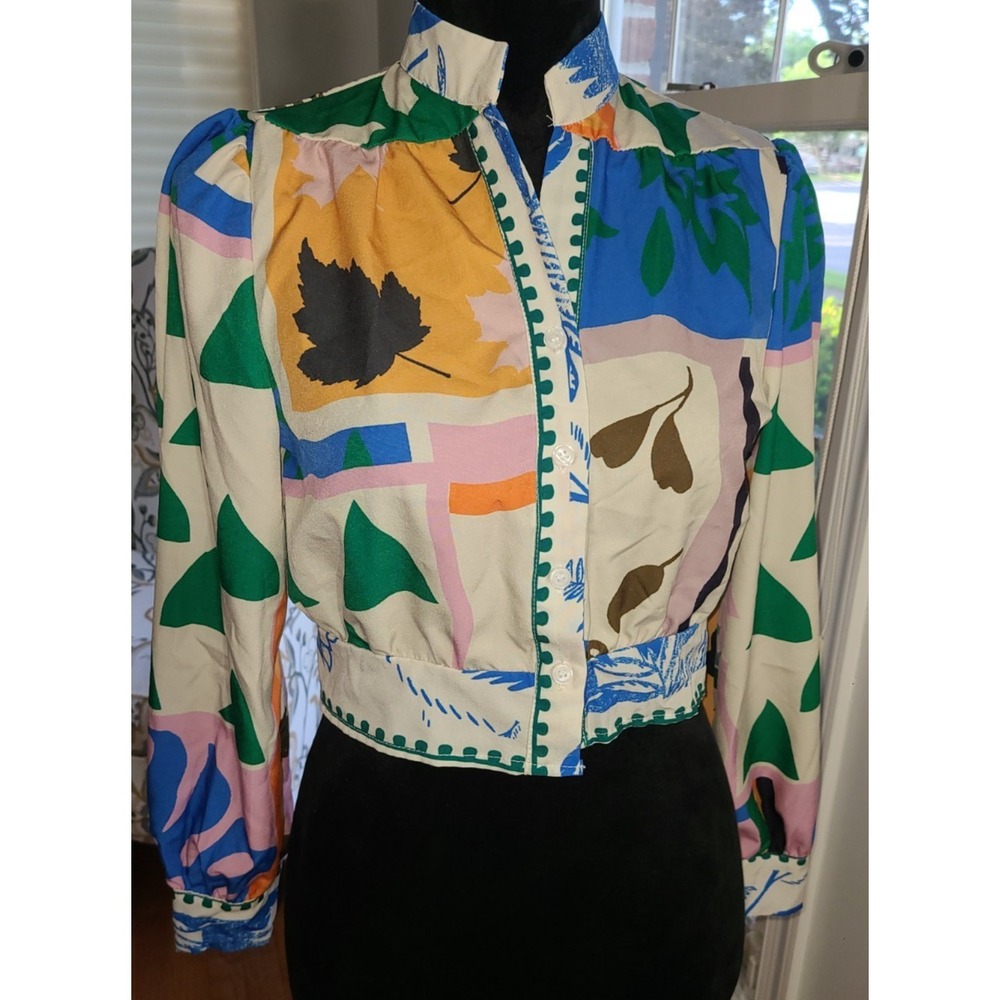Shein Green Pink Blue Puff Sleeve Blouse Small Button Front Short Waisted Classy